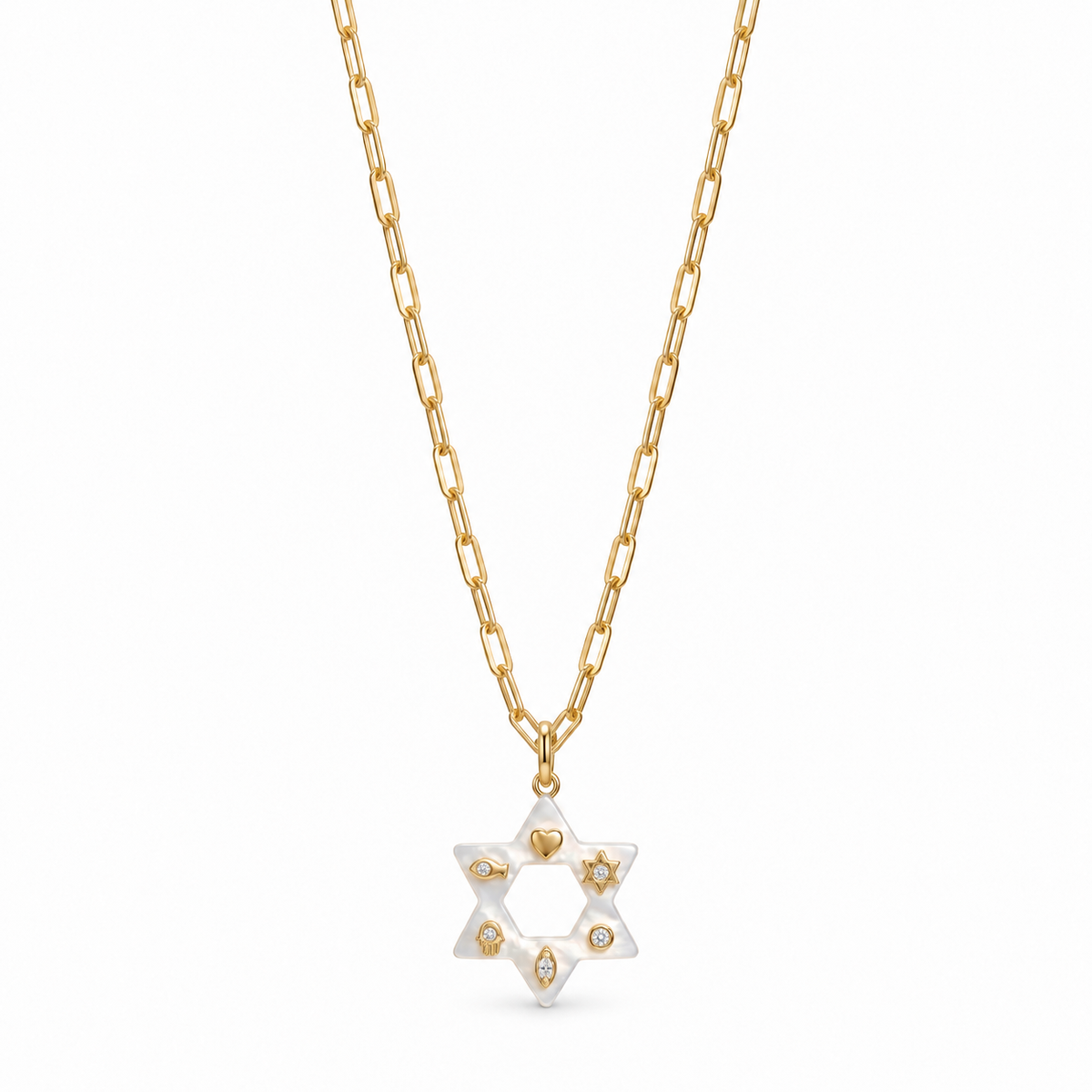 Mother of pearl Star of David pendant on a paperclip chain