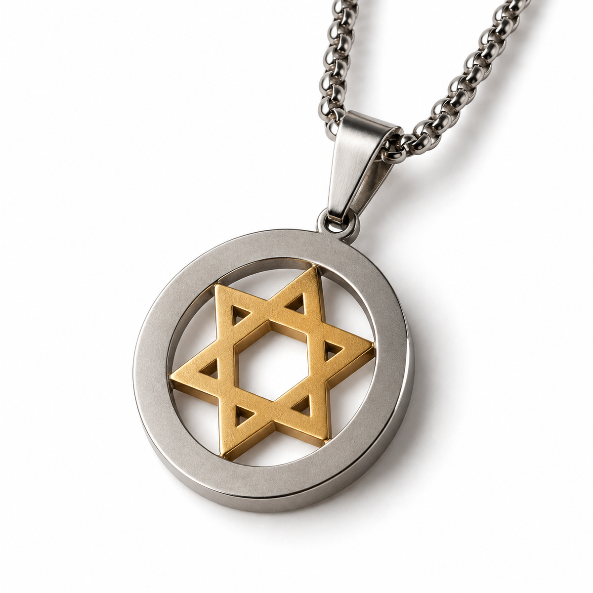 Close-up of the gold-plated Star of David and brushed steel ring