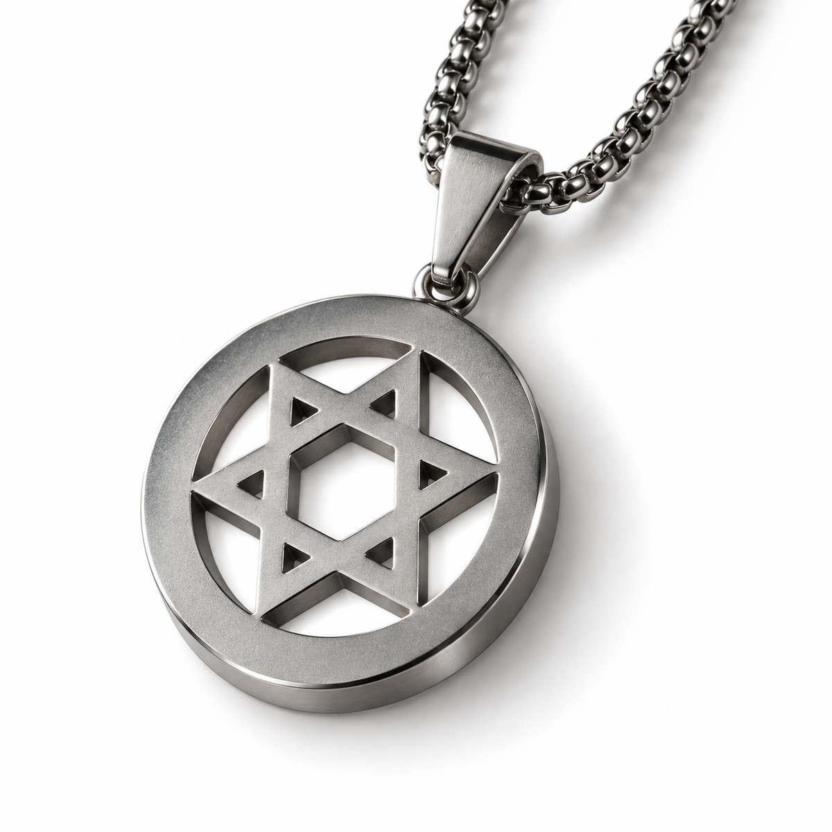 Close-up of the silver Star of David pendant and steel chain