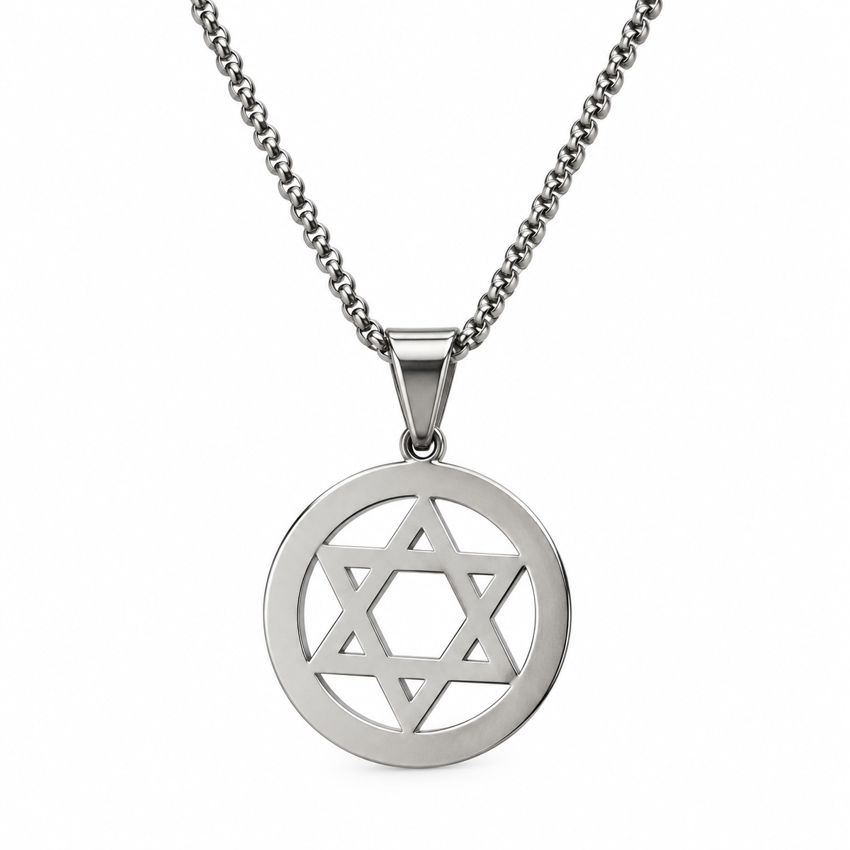 Silver stainless steel Star of David necklace in a polished steel ring, on white