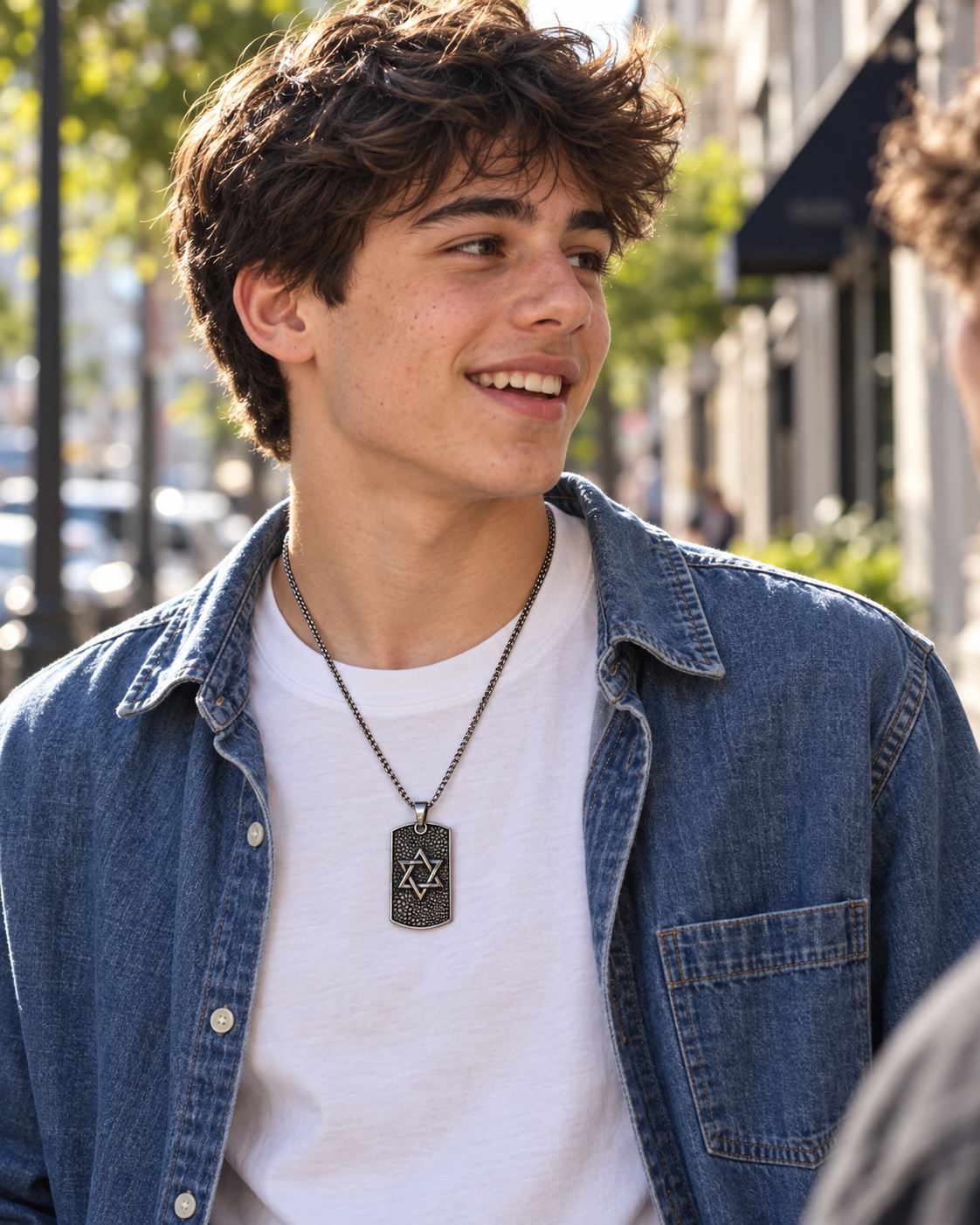 Young man wearing the pebbled Star of David dog tag necklace