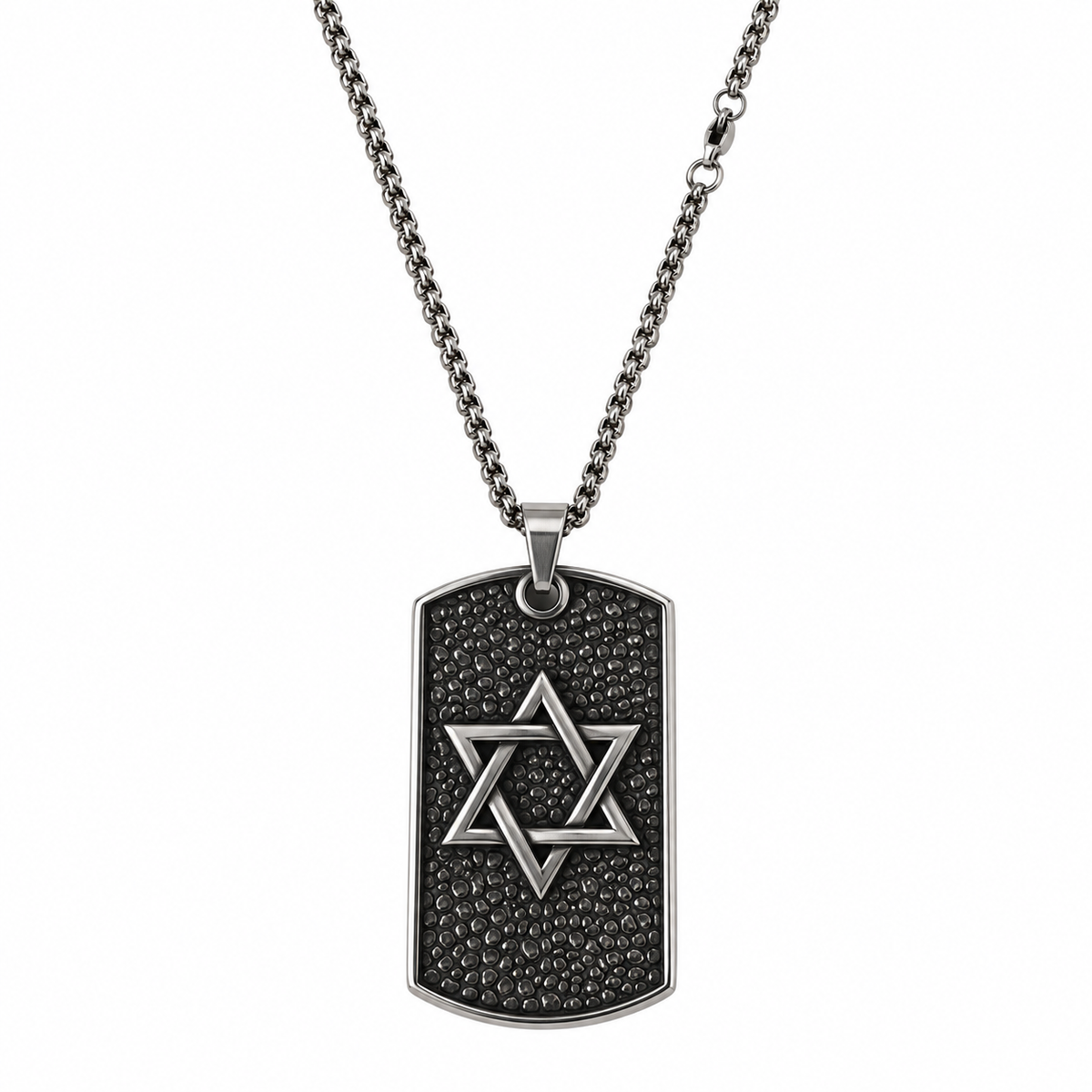 Stainless steel dog tag necklace with a pebbled texture and a raised Star of David, on white