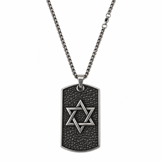 Stainless steel dog tag necklace with a pebbled texture and a raised Star of David, on white