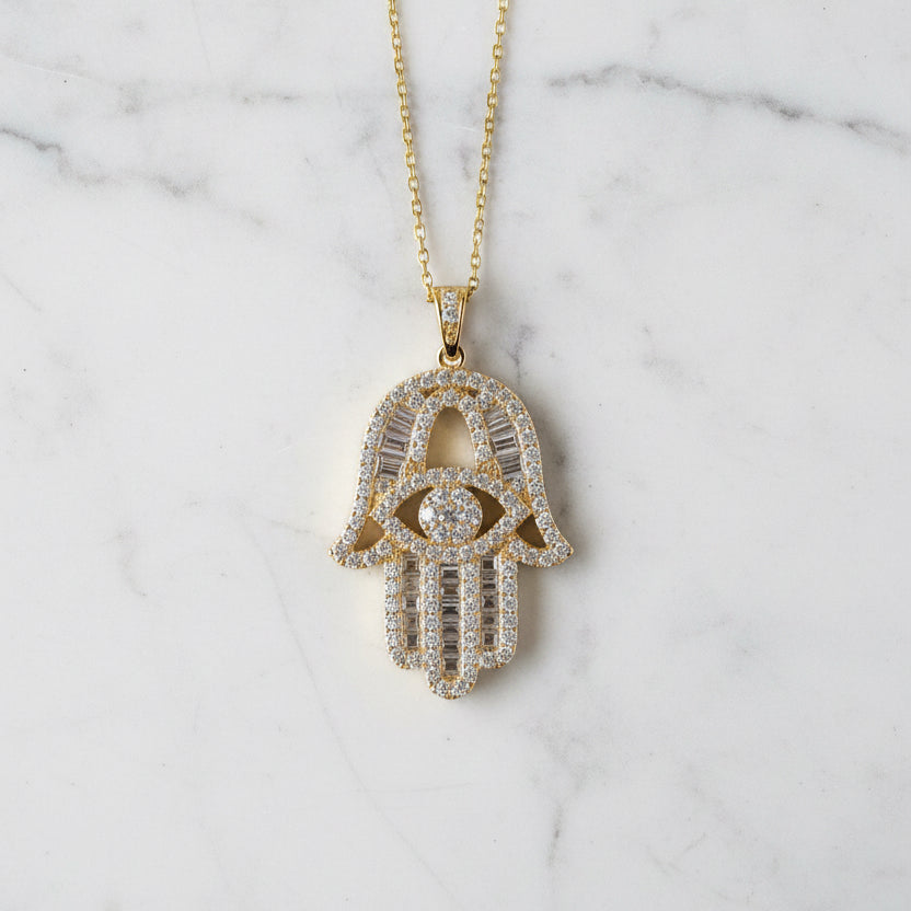 Hamsa Necklace — 14k Gold-Plated Sterling Silver with Cubic Zirconia