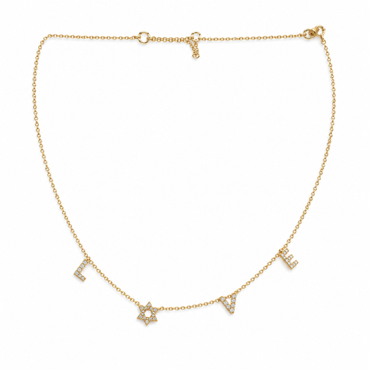 LOVE letter station necklace with Star of David in 14k gold plate, on white background