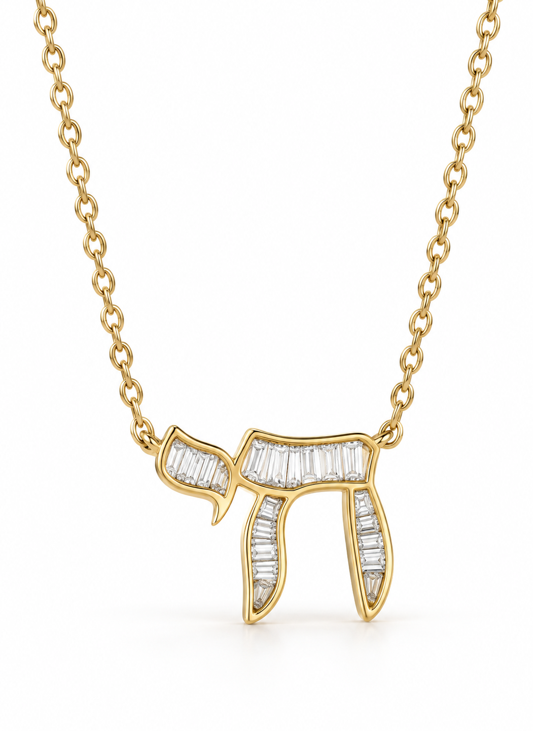 Gold-plated baguette Chai necklace on white background