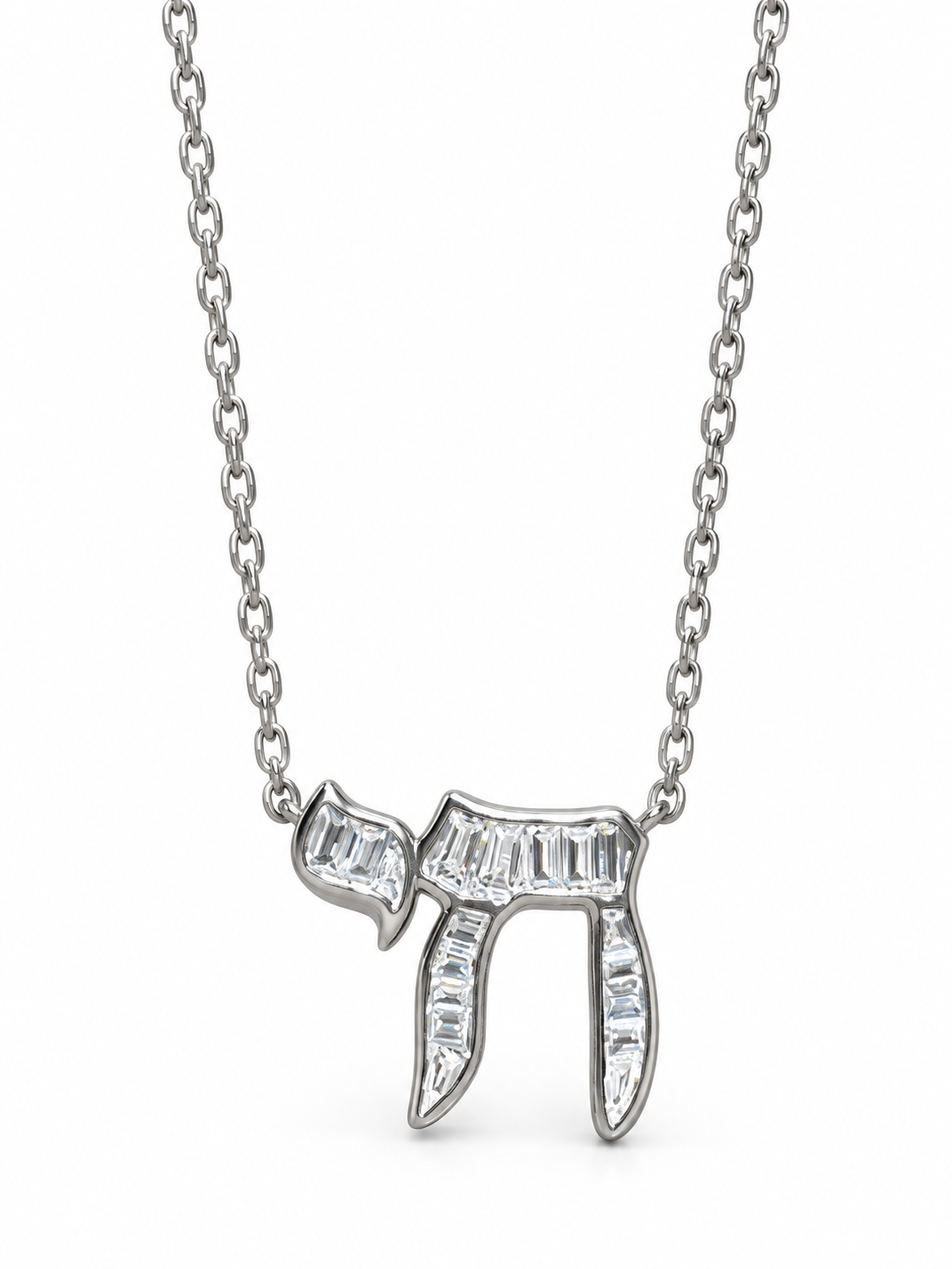 Sterling silver baguette Chai necklace on white background