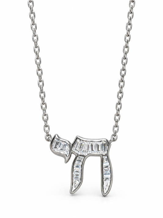 Sterling silver baguette Chai necklace on white background